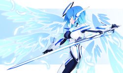 Rule 34 | 1girl, bad id, bad pixiv id, blue hair, bodysuit, commentary request, covered navel, energy wings, feathers, green eyes, halo, headgear, highres, kamenn, letterboxed, magical girl, mechanical halo, multiple wings, original, seraph, serious, skin tight, solo, sword, weapon, wings