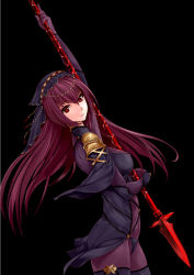 Rule 34 | 1girl, armor, back, bad id, bad pixiv id, black background, bodysuit, breasts, fate/grand order, fate (series), female focus, gae bolg (fate), hamidasu, headpiece, highres, holding, holding weapon, lance, long hair, looking at viewer, polearm, purple hair, red eyes, scathach (fate), shoulder armor, simple background, skin tight, skinny, solo, spear, weapon