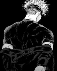 Rule 34 | 1boy, back, from behind, gojou satoru, greyscale, jujutsu kaisen, male focus, monochrome, muscular, muscular male, nay bb, shirt, short hair, spiked hair, undercut, upper body
