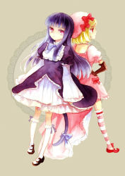 Rule 34 | 2girls, back-to-back, bad id, bad pixiv id, blonde hair, blue hair, bow, bowtie, cat tail, dress, elbow gloves, faux traditional media, frederica bernkastel, frills, gloves, graphite (medium), hand on own hip, hat, kneehighs, lambdadelta, long hair, mary janes, multiple girls, norino moto, painting (medium), pink hat, purple eyes, red eyes, ribbon, shoes, short hair, socks, striped clothes, striped legwear, striped thighhighs, tail, tail ornament, tail ribbon, thighhighs, traditional media, umineko no naku koro ni, watercolor (medium)