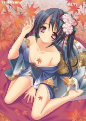 Rule 34 | 1girl, autumn, barefoot, black hair, hair ornament, izumi yura, japanese clothes, kimono, leaf, maple leaf, sitting, solo, twintails, wariza