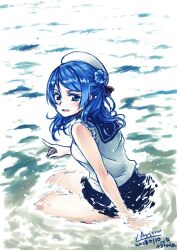 Rule 34 | 1girl, arimura yuu, blue eyes, blue hair, blue sailor collar, blue skirt, commentary request, dated, double bun, hair bun, hat, kantai collection, one-hour drawing challenge, partially submerged, sailor collar, sailor hat, school uniform, serafuku, signature, sitting, skirt, sleeves rolled up, solo, urakaze (kancolle), water