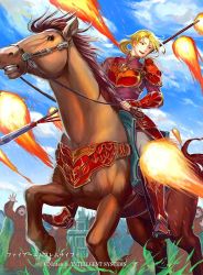 Rule 34 | 6+boys, armor, armored boots, blonde hair, blue eyes, boots, company name, day, fire, fire emblem, fire emblem: the sacred stones, fire emblem cipher, forde (fire emblem), grass, hood, horse, long hair, low ponytail, male focus, multiple boys, nintendo, official art, pauldrons, polearm, shoulder armor, sky, solo focus, spear, teeth, weapon