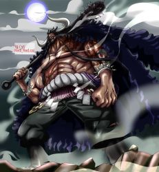 Rule 34 | 1boy, abs, angry, beard, black hair, boots, bracelet, cape, club, club (weapon), dark-skinned male, dark skin, facial hair, horns, jacket, japanese clothes, jewelry, kaidou (one piece), kanabou, lace, long hair, male focus, moon, muscular, muscular arms, muscular legs, muscular male, mustache, one piece, pectorals, scar, solo, spiked bracelet, spikes, standing, tan, tattoo, veins, weapon