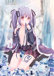 Rule 34 | 1girl, bad id, bad pixiv id, black ribbon, black socks, blush, breasts, closed mouth, gift, hair ribbon, heart, highres, hoshimaemi, kneehighs, long hair, looking at viewer, mouth hold, no bra, original, purple hair, red eyes, ribbon, sitting, small breasts, smile, socks, solo, twintails, uniform, wariza, white day