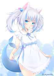 Rule 34 | 1girl, animal ears, blue eyes, blue hair, blue ribbon, cat ears, chiyami, collared dress, commentary request, cube hair ornament, dress, fins, fish tail, gawr gura, grey hair, hair ornament, hololive, hololive english, looking at viewer, multicolored hair, neck ribbon, parted lips, ribbon, shark tail, skirt hold, solo, streaked hair, tail, twintails, twitter username, v-shaped eyebrows, virtual youtuber, white dress