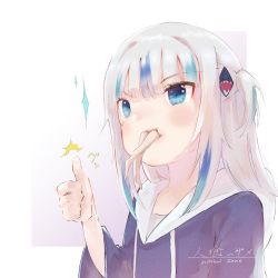 Rule 34 | 1girl, 1other, blue eyes, blue hair, blue hoodie, blush, buna (bunasforest), drawstring, gawr gura, gawr gura (1st costume), giant, giantess, hair ornament, highres, hololive, hololive english, hood, hood down, hoodie, multicolored hair, signature, size difference, thumbs up, two side up, virtual youtuber, vore, white hair