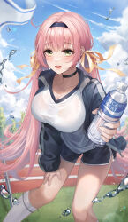 Rule 34 | 1girl, absurdres, arm up, black choker, black jacket, black shorts, blue sky, bottle, breasts, choker, cloud, cloudy sky, day, feet out of frame, floating hair, gym uniform, hair ribbon, hairband, hand on own leg, hand up, highres, holding, holding bottle, jacket, kneehighs, large breasts, long hair, looking at viewer, low twintails, mole, mole under eye, open mouth, original, outdoors, pink hair, pippin (pippin sol), ribbon, shirt, short shorts, short sleeves, shorts, sky, smile, socks, solo, sweat, teeth, thighs, track and field, twintails, upper teeth only, very long hair, white shirt, white socks, yellow eyes, yellow ribbon