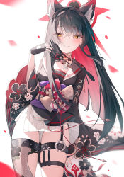 Rule 34 | 1girl, animal ear fluff, animal ears, asymmetrical legwear, black gloves, black hair, black kimono, blue archive, closed mouth, colored inner hair, fingerless gloves, floral print, fox ears, gloves, highres, infinity (kkx132), japanese clothes, kimono, leg strap, long hair, looking at viewer, multicolored hair, nail polish, print kimono, red hair, simple background, smile, standing, thigh strap, thighs, two-tone hair, wakamo (blue archive), white background, wide sleeves, yellow eyes