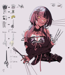 Rule 34 | 1girl, belt, black hair, black nails, breasts, bug, butterfly, chopsticks, cleavage, crossed arms, detached sleeves, fork, grey background, highres, holding, holding scissors, hololive, hololive english, insect, jewelry, knife, large breasts, mouth hold, multicolored hair, needle, ring, scissors, sewing needle, shiori novella, shiori novella (1st costume), split-color hair, string, taka t, teeth hold, virtual youtuber, white hair, yellow eyes, yorick (shiori novella)