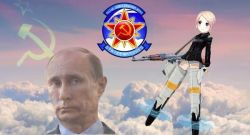 Rule 34 | 1boy, 1girl, blonde hair, cloud, crossover, flying, hammer and sickle, natalia poklonskaya, outdoors, parody, real life, russia, sky, soviet, soviet flag, strike witches, third-party edit, ussr, vladimir putin, weapon, world witches series