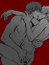 Rule 34 | 2boys, anal, bad id, bad pixiv id, blush, french kiss, gintama, greyscale, greyscale with colored background, hijikata toushirou, kiss, male focus, male penetrated, monochrome, multiple boys, muscular, nude, red background, sakata gintoki, sex, simple background, tkr (lovedelic99), yaoi