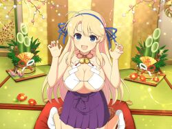 Rule 34 | 1girl, 2024, ahoge, ankle socks, bamboo shoot, bell, blonde hair, blue eyes, blue ribbon, branch, breast curtains, breasts, cleavage, decorations, flower, folding screen, groping motion, hair ribbon, hand fan, hands up, hanging scroll, katsuragi (senran kagura), kneeling, large breasts, long hair, looking at viewer, neck bell, new year, non-web source, official art, open mouth, origami, paper crane, plant, purple skirt, red flower, ribbon, scroll, senran kagura, senran kagura new link, skirt, socks, sparkle, tatami
