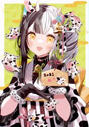 Rule 34 | 1girl, 2021, :d, animal, animal ears, animal print, bell, black gloves, black hair, blush, brown eyes, chinese zodiac, commentary request, cow, cow ears, cow girl, cow horns, cow print, egasumi, ema, eyebrows hidden by hair, fur-trimmed gloves, fur trim, gloves, hair bell, hair ornament, hands up, highres, holding, horns, japanese clothes, kimono, long hair, looking at viewer, misumi (macaroni), multicolored hair, obi, open mouth, original, print kimono, sash, short sleeves, smile, solo, split-color hair, twintails, two-tone hair, upper body, white hair, white kimono, year of the ox