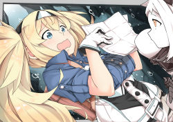Rule 34 | 2girls, a6m zero, aircraft, backpack, bag, belt, blonde hair, blue eyes, blue shirt, bracelet, breast pocket, breasts, buttons, collared shirt, colored skin, commentary, crying, dress, gambier bay (kancolle), gloves, hair between eyes, hairband, highres, jewelry, kantai collection, large breasts, long hair, mittens, multicolored clothes, multicolored gloves, multiple girls, northern ocean princess, orange eyes, pocket, shirt, short sleeves, shorts, twintails, white dress, white hair, white mittens, white skin, zuoteng lucha