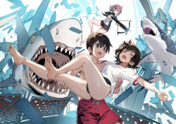 1boy 2girls black_hair black_shorts blush brown_hair carrying closed_eyes diving_suit fish gun gym_shirt holding holding_gun holding_weapon long_sleeves male_swimwear multiple_girls nyoro_(nyoronyoro000) open_mouth original princess_carry red_male_swimwear shark sharp_teeth shirt short_hair shorts soles swimsuit teeth weapon