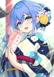 Rule 34 | 1girl, :d, blue eyes, blue hair, blurry, blurry background, blush, commentary request, cu-no, depth of field, floral print, flower, hair between eyes, hair flower, hair ornament, hands up, highres, hisen kaede, holding, japanese clothes, kimono, kohitsuji ai, long sleeves, looking at viewer, obi, open mouth, print kimono, rose, sash, smile, solo, torii, upper body, white flower, wide sleeves, yellow flower, yellow rose