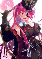 Rule 34 | 1girl, ascot, belt, black gloves, black hat, black jacket, black pantyhose, blush, breasts, brown belt, cleavage, coat, commentary, elbow gloves, eyepatch, eyes visible through hair, fang, gloves, gold trim, hair over one eye, hat, highres, hololive, houshou marine, houshou marine (marching band), jacket, large breasts, leotard, leotard under clothes, long hair, looking at viewer, multicolored hair, nabisuko25, off shoulder, official alternate costume, open mouth, pantyhose, ponytail, red ascot, red eyes, red hair, see-through, see-through cleavage, shako cap, streaked hair, two-sided coat, two-sided fabric, two-sided jacket, two-tone hair, very long hair, virtual youtuber, white hair, zipper