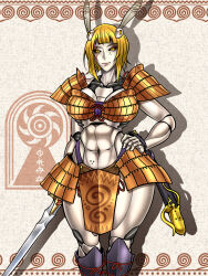 Rule 34 | 1girl, abs, armor, bikini armor, black sclera, blonde hair, blunt bangs, breasts, colored sclera, colored skin, commentary request, cowboy shot, doll joints, faulds, hand on own hip, highres, holding, holding sword, holding weapon, joints, joutouguu mayumi, large breasts, looking at viewer, mole, mole under eye, navel, pauldrons, pelvic curtain, plate armor, ryuuichi (f dragon), shin guards, short bangs, short hair, shoulder armor, solo, standing, sword, touhou, weapon, white skin, yellow armor, yellow eyes