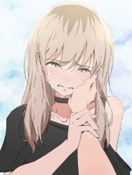 Rule 34 | 2girls, black choker, black shirt, blue background, choker, commentary, crying, crying with eyes open, female pov, girls band cry, gujin (tp acid), hand on another&#039;s face, hand on another&#039;s wrist, hashtag-only commentary, highres, iseri nina, kawaragi momoka, light brown hair, multicolored hair, multiple girls, parted lips, pov, roots (hair), shirt, single off shoulder, tears, white background, yuri