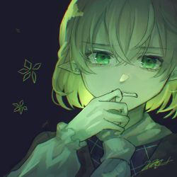 Rule 34 | 1girl, arm warmers, biting, blonde hair, blood, blood from mouth, chromatic aberration, clenched teeth, commentary request, crossed bangs, dark background, finger biting, green eyes, hair between eyes, hand to own mouth, hand up, mizuhashi parsee, pointy ears, portrait, rokuya (68 zusao), short hair, signature, simple background, solo, teeth, touhou, upper body, white neckwear