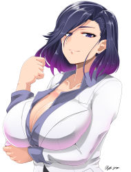 Rule 34 | 1girl, arm under breasts, blue shirt, bob cut, breasts, city hunter, cleavage, closed mouth, collarbone, commentary request, dress shirt, earrings, hand up, highres, jacket, jewelry, large breasts, looking at viewer, nogami saeko, purple eyes, purple hair, saizu nitou gunsou, shirt, short hair, simple background, smile, solo, unbuttoned, unbuttoned shirt, upper body, white background, white jacket