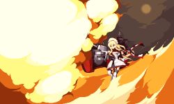 Rule 34 | 1girl, beret, blonde hair, breasts, cleavage, closed mouth, dress, explosion, firing, garter straps, gloves, hat, kantai collection, large breasts, long hair, lowres, multicolored clothes, multicolored scarf, outdoors, pixel art, richelieu (kancolle), rigging, scarf, sky, solo, strapless, strapless dress, thighhighs, warabin (suteki denpun), white gloves