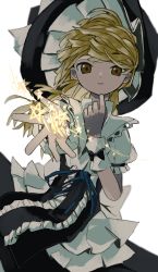 Rule 34 | 1girl, absurdres, black dress, blonde hair, blue ribbon, bow, collar, cowboy shot, cropped legs, dress, hand on own chin, hat, hat bow, highres, kirisame marisa, looking at viewer, medium hair, neruzou, outstretched arm, puffy short sleeves, puffy sleeves, ribbon, short sleeves, solo, sparkle, star (symbol), touhou, white background, wind, witch hat, wrist cuffs, yellow eyes