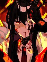 Rule 34 | 1girl, absurdres, black hair, blood, blood from mouth, closed mouth, collared shirt, dragon horns, e.g.o (project moon), fire, highres, holding, holding mirror, horns, library of ruina, long hair, lowell (project moon), mirror, msx (mis4xi), necktie, project moon, red necktie, shirt, sidelocks, smile, solo, upper body, very long hair, white shirt, xiao (project moon)