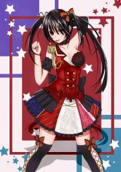 Rule 34 | 1girl, absurdres, arm behind head, black hair, bow, breasts, choker, cleavage, clock eyes, date a live, hands up, heterochromia, highres, idol, medium breasts, microphone, multicolored clothes, multicolored skirt, nail polish, red eyes, red nails, skirt, solo, star (symbol), symbol-shaped pupils, thighhighs, tokisaki kurumi, twintails, yellow eyes