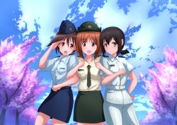 Rule 34 | 10s, 3girls, absurdres, air force, alternate costume, army, black necktie, blue shirt, blue skirt, brown eyes, brown hair, character name, cherry blossoms, closed mouth, cloud, cloudy sky, cowboy shot, crossover, dai toro, day, dress shirt, female service cap, fubuki (kancolle), garrison cap, girl sandwich, girls und panzer, green shirt, hand on own hip, hat, highres, japan air self-defense force, japan ground self-defense force, japan maritime self-defense force, japan self-defense force, kantai collection, light smile, locked arms, looking at viewer, military, military hat, military uniform, miyafuji yoshika, multiple girls, name tag, navy, necktie, nishizumi miho, open mouth, outdoors, pants, pencil skirt, salute, sandwiched, shirt, short hair, short ponytail, short sleeves, skirt, sky, smile, standing, strike witches, trait connection, translated, tree, uniform, white pants, white shirt, wind, world witches series