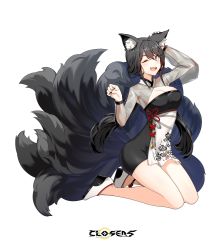 Rule 34 | 1girl, ;d, animal ear fluff, animal ears, armpits, black dress, black hair, blue eyes, breasts, cleavage, closers, dress, fox ears, fox tail, highres, kneeling, kyuubi, large breasts, long hair, long sleeves, looking at viewer, low twintails, multiple tails, nail polish, official art, one eye closed, open mouth, see-through, see-through sleeves, shoes, smile, solo, tail, thighs, twintails, white footwear, yuri seo