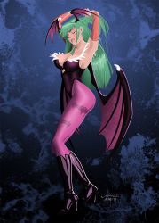 Rule 34 | 10s, 1girl, 2015, andrew j harmon, animal print, armpits, arms up, bat print, bat wings, black footwear, boots, breasts, bridal gauntlets, cleavage, closed eyes, collaboration, cutout above navel, demon girl, elbow gloves, female focus, gloves, green hair, head wings, high heel boots, high heels, highres, knee boots, large breasts, leotard, lips, long hair, louis small jr., morrigan aensland, nose, pantyhose, patterned legwear, pink pantyhose, print pantyhose, solo, vampire (game), wings