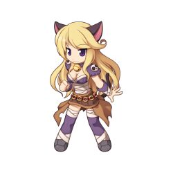 Rule 34 | 1girl, :3, animal ears, armor, assassin (ragnarok online), bandages over clothes, bell, black footwear, blonde hair, breasts, brown skirt, cat ears, cat girl, cat tail, chibi, chibi only, cleavage, closed mouth, full body, jingle bell, long hair, looking at viewer, medium breasts, neck bell, official art, pauldrons, purple eyes, purple shirt, purple thighhighs, ragnarok online, shirt, shoes, shoulder armor, simple background, skirt, sleeveless, sleeveless shirt, smile, solo, standing, tail, thighhighs, transparent background, vambraces, wickebine (ragnarok online), yuichirou