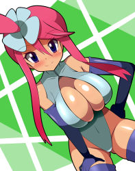 Rule 34 | 10s, 1girl, blush, breasts, cleavage, creatures (company), dutch angle, elbow gloves, female focus, front zipper swimsuit, game freak, gloves, gym leader, hair ornament, hand on own hip, hand on thigh, harubato, highres, large breasts, leaning forward, long hair, looking at viewer, meme attire, nintendo, one-piece swimsuit, pokemon, pokemon bw, purple eyes, red hair, skyla (pokemon), smile, solo, swimsuit, thighhighs, unzipped