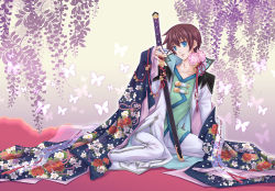 Rule 34 | 1boy, aqua eyes, asbel lhant, bad id, bad pixiv id, bell, brown hair, floral print, flower, green shirt, male focus, shirt, solo, sword, tales of (series), tales of graces, weapon, wisteria, yuki (port fairy)