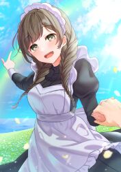 Rule 34 | 1girl, :d, absurdres, apron, black dress, blue sky, blush, braid, breasts, brown eyes, brown hair, buntason (buritarooooo), commentary request, cowboy shot, day, dress, foreshortening, frilled apron, frills, highres, holding hands, juliet sleeves, long hair, long sleeves, looking at viewer, maid headdress, meadow, medium breasts, open mouth, original, outdoors, petals, pointing, pov, puffy sleeves, rainbow, revision, sky, smile, solo focus, twin braids, white apron