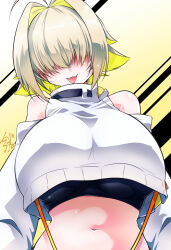 Rule 34 | 1girl, black sports bra, blonde hair, breasts, clothing cutout, crop top, crop top overhang, cropped sweater, cutoffs, elegg (nikke), goddess of victory: nikke, hair intakes, hair over eyes, huge breasts, light blush, multicolored hair, navel, projected inset, shirogane (cufsser), shorts, shoulder cutout, simple background, solo, sports bra, suspender shorts, suspenders, tongue, tongue out, two-tone hair, upper body