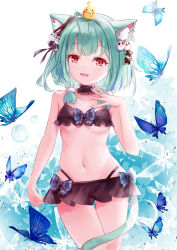 Rule 34 | 1girl, ahoge, animal, animal ear fluff, animal ears, animal on head, bare arms, bare shoulders, bikini, bikini skirt, bird, bird on head, black bikini, black choker, black ribbon, blue butterfly, blush, bug, butterfly, cat ears, cat tail, chick, choker, collarbone, commentary, cowboy shot, frilled choker, frills, green hair, groin, hair ornament, hair ribbon, hand up, highres, hololive, insect, looking at viewer, medium hair, mutang, navel, on head, open mouth, piyoko (uruha rushia), pom pom (clothes), pom pom hair ornament, red eyes, ribbon, short twintails, skull hair ornament, smile, standing, stomach, swimsuit, tail, twintails, uruha rushia, virtual youtuber