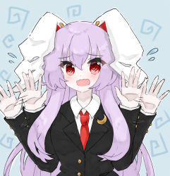 Rule 34 | 1girl, @ @, animal ears, black jacket, blazer, blue background, blush, breasts, buttons, collared jacket, collared shirt, commentary request, crescent, crescent pin, flying sweatdrops, hair between eyes, hands up, highres, jacket, koharu66353343, light purple hair, long hair, long sleeves, looking at viewer, medium breasts, necktie, open mouth, purple hair, rabbit ears, red eyes, red necktie, reisen udongein inaba, shirt, simple background, solo, touhou, white shirt