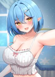 Rule 34 | 1girl, absurdres, alternate hair length, alternate hairstyle, armpits, blue hair, blurry, blurry background, blush, breasts, cleavage, commentary request, hair between eyes, hair ornament, hairclip, highres, hololive, indoors, large breasts, looking at viewer, off shoulder, open mouth, pointy ears, selfie, short hair, smile, solo, suzutarou gunsou, upper body, virtual youtuber, yukihana lamy, yukihana lamy (loungewear)