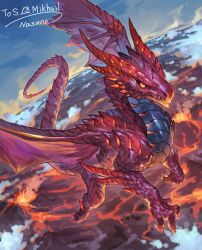Rule 34 | above clouds, artist name, blue sky, cloud, commentary, commission, day, dragon, dutch angle, eruption, flying, from above, full body, highres, horns, midair, lava, nasuno posi, no humans, original, outdoors, signature, skeb commission, sky, slit pupils, solo, tail, volcano, wings, yellow eyes