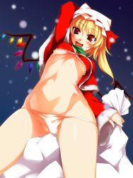 Rule 34 | 1girl, :d, blonde hair, blush, bra, breasts, capelet, christmas, crystal, female focus, flandre scarlet, hat, highres, hinohoshi ataru, lingerie, aged up, open mouth, panties, red eyes, santa costume, sany, sany (hinohosi), short hair, side ponytail, smile, solo, touhou, underboob, underwear, wings