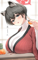 Rule 34 | 1girl, animal ears, black hair, blue archive, blush, breast rest, breasts, breasts on table, cat ears, commentary request, food, fruit, hanten (clothes), holding, holding food, huge breasts, incoming food, kotatsu, large breasts, looking at viewer, mandarin orange, orange (fruit), ribbed sweater, short hair, solo, sweater, table, tsubaki (blue archive), ushimittsu