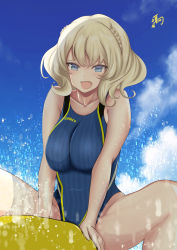 Rule 34 | 1girl, :d, absurdres, banana boat, blonde hair, blue eyes, blue one-piece swimsuit, blue sky, braid, breasts, cloud, cloudy sky, colorado (kancolle), competition swimsuit, day, hair between eyes, highres, houki (tonburi), inflatable raft, inflatable toy, kantai collection, large breasts, ocean, on banana, one-piece swimsuit, open mouth, outdoors, short hair, side braids, sky, smile, solo, straddling, swimsuit, water, yellow one-piece swimsuit