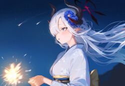 Rule 34 | 1girl, black horns, blue archive, blush, demon horns, fireworks, grey eyes, grey hair, halo, highres, horns, hyeonwook9, japanese clothes, kimono, long hair, long sleeves, makoto (blue archive), multiple horns, obi, open mouth, pointy ears, red halo, sash, solo, upper body, white kimono, wide sleeves
