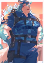Rule 34 | 1boy, animal ears, animal nose, bara, belt, blue fur, blush, chest harness, closed eyes, cloud, cloudy sky, collared shirt, commentary request, cowboy shot, furry, furry male, halo, halo behind head, harness, hat, highres, hot, large pectorals, male focus, muscular, muscular male, oguchi magami, pectorals, police, police uniform, policeman, sawch cls, shirt, sky, snout, solo, sweat, tail, tokyo houkago summoners, tongue, tongue out, uniform, white fur, wolf boy, wolf ears, wolf tail