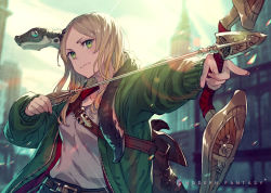 Rule 34 | 1girl, arrow (projectile), bag, belt, blonde hair, blurry, blurry background, bow, bow (weapon), creature, creature on shoulder, dragon, drawing bow, green eyes, green jacket, highres, holding, holding bow (weapon), holding weapon, jacket, kusano shinta, on shoulder, original, sky, weapon
