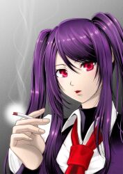 Rule 34 | 1girl, an&#039;no natsume, black vest, cigarette, collared shirt, commentary request, highres, holding, holding cigarette, jill stingray, long hair, long sleeves, looking at viewer, necktie, open mouth, purple hair, red eyes, red necktie, shirt, smoke, smoking, solo, twintails, upper body, va-11 hall-a, vest, white shirt