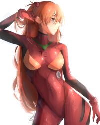 Rule 34 | 1girl, absurdres, artist request, blue eyes, bodysuit, breasts, brown hair, cowboy shot, curvy, expressionless, hair between eyes, hand in own hair, highres, long hair, looking to the side, medium breasts, narrow waist, neon genesis evangelion, plugsuit, red bodysuit, shiny clothes, shiny skin, simple background, smile, solo, souryuu asuka langley, turtleneck, two side up, white background, wide hips